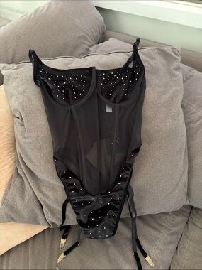 Forplay Black Sheer Rhinestone Garter Bodysuit